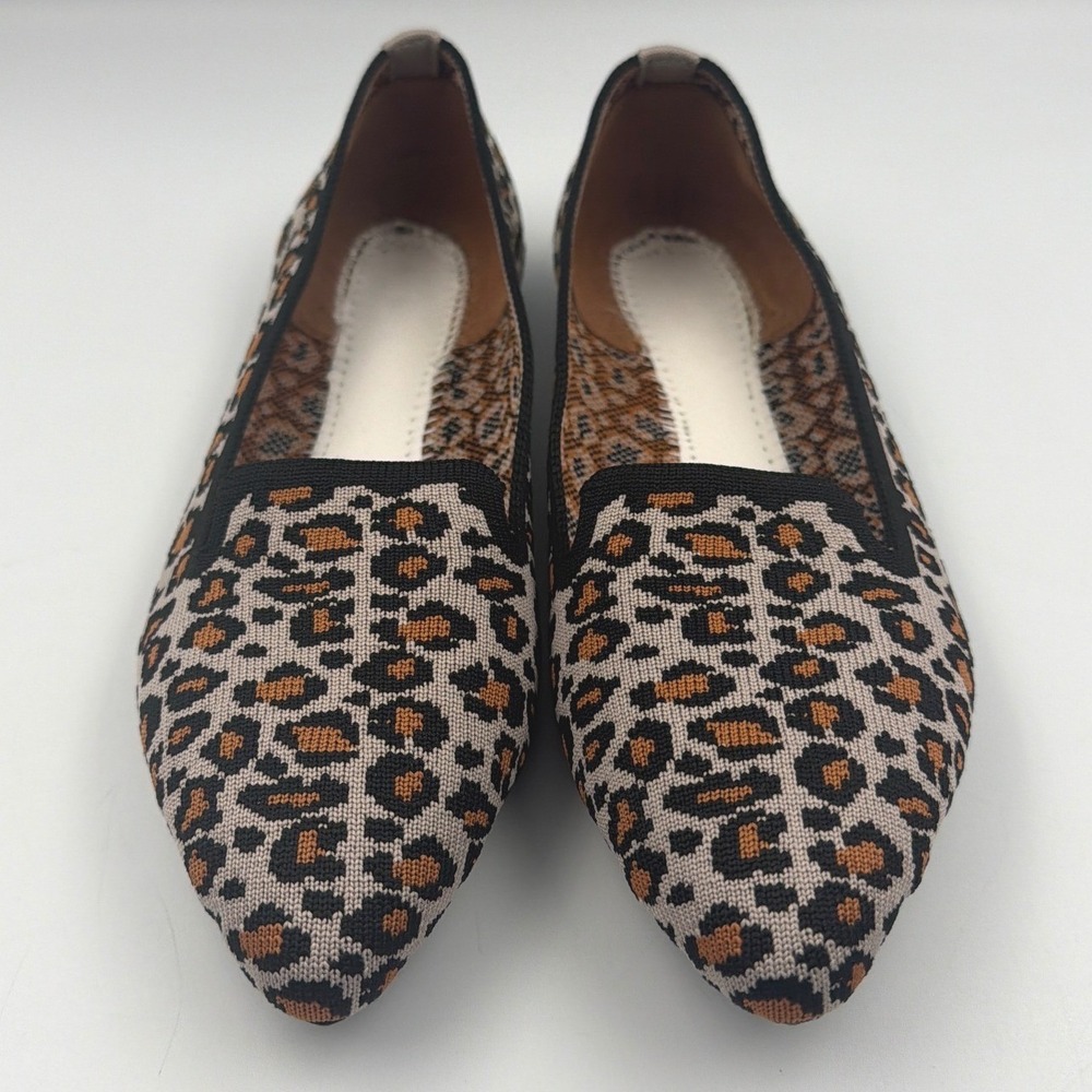 Leopard Print Knit Pointed Toe Flats Brown Black Slip On Shoes Women's Size 6